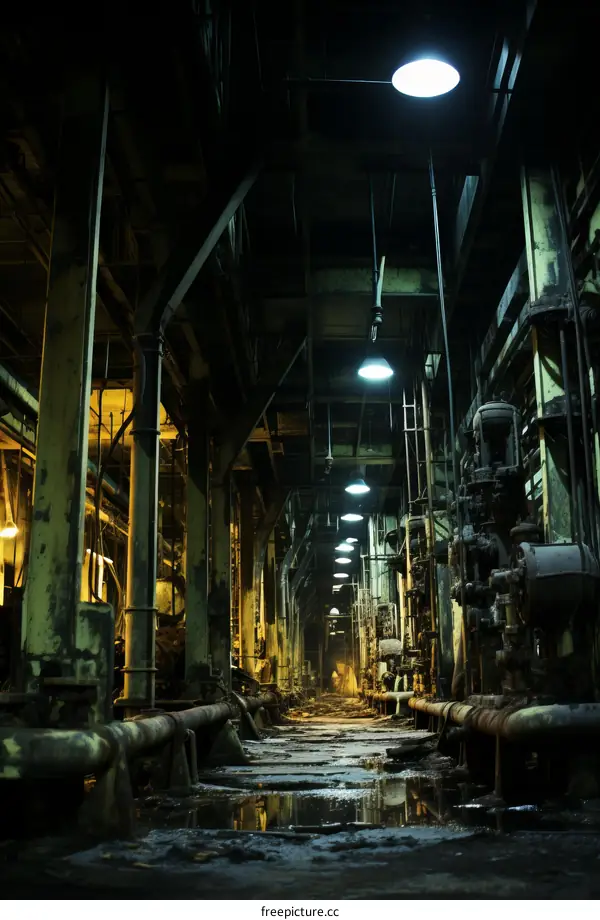 rusty pipes and machinery in an abandoned factory
