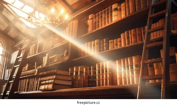Vintage library with wooden shelves and books