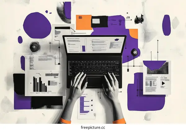 Modern Abstract Workplace with Laptop and Data