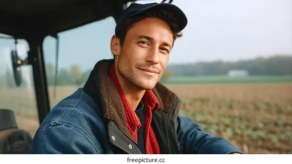 Man in blue jacket sitting in agricultural vehicle with field background