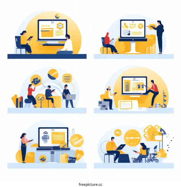 Collaborative Teamwork with Computers: Illustration of People Working Together