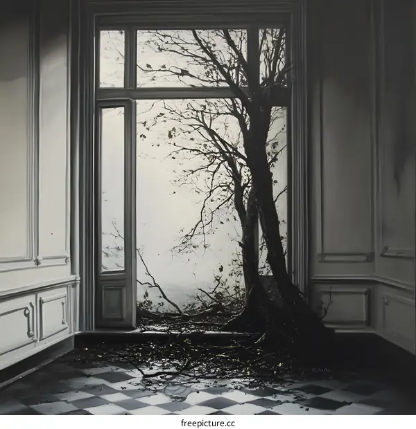 Black and White Painting of a Tree Growing Through a Window