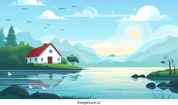 Mountain Lake Landscape With Cottage Illustration