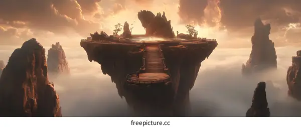 Fantasy Floating Island Landscape With Stairway and People