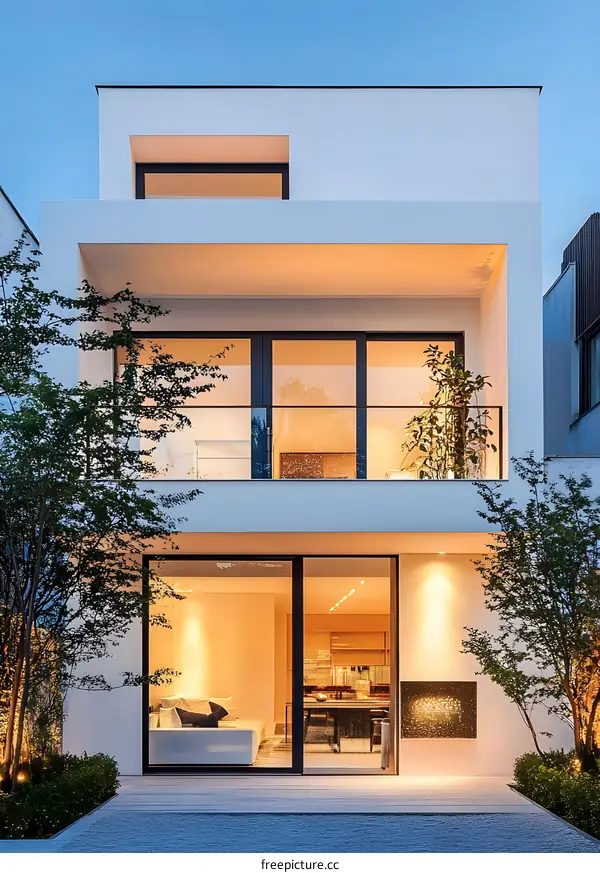 Modern Minimalist White House With Large Windows and a Stone Patio