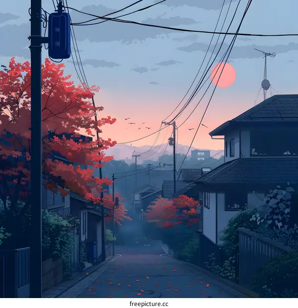 Japanese Street With Red Leaves And Sunset