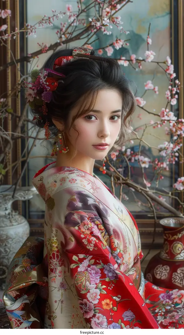 Beautiful Asian Woman in Traditional Kimono with Cherry Blossoms