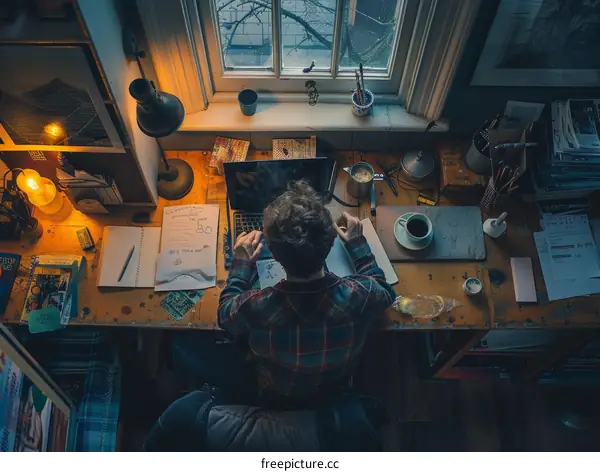 A man is sitting at a desk working on his laptop