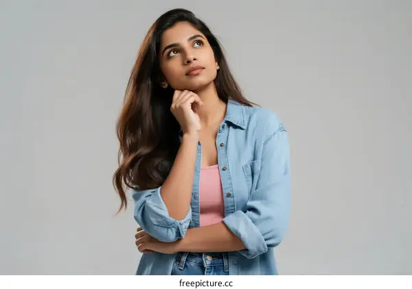 Thoughtful Young Woman with Long Hair Looking Upward
