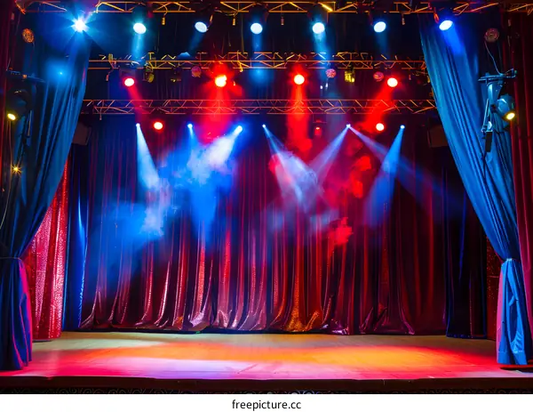 Red and Blue Stage Curtains with Spotlights