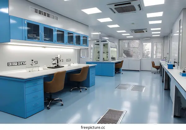 Modern Blue Laboratory Interior with Workstations