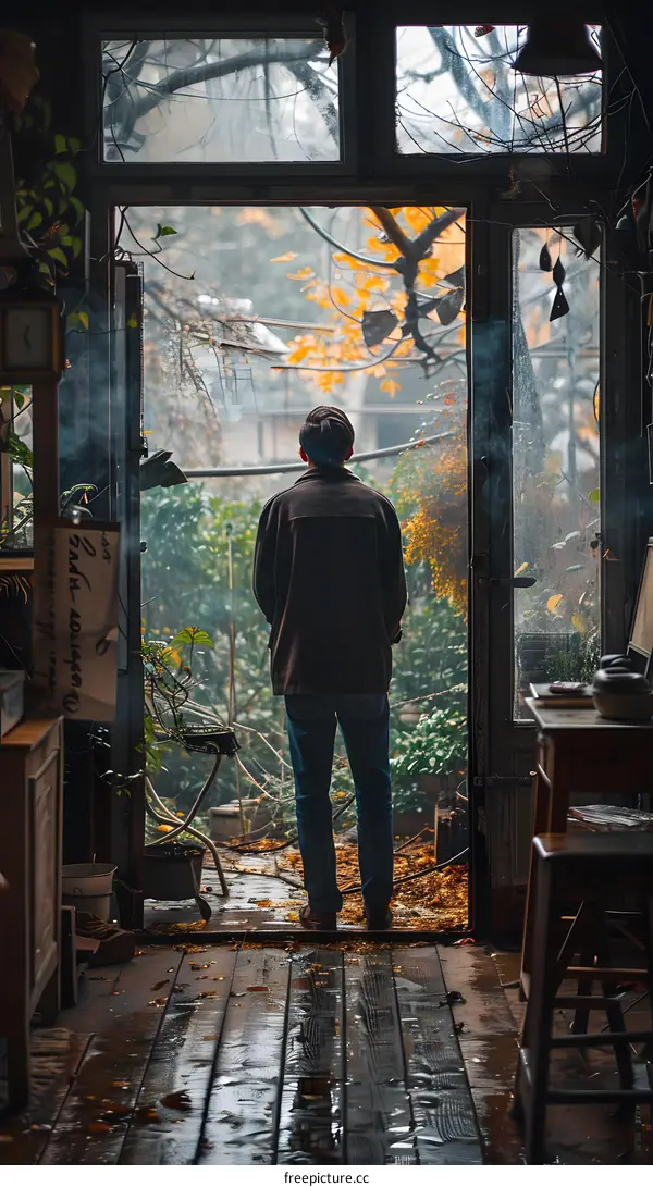 Man looking out at the rain from his house