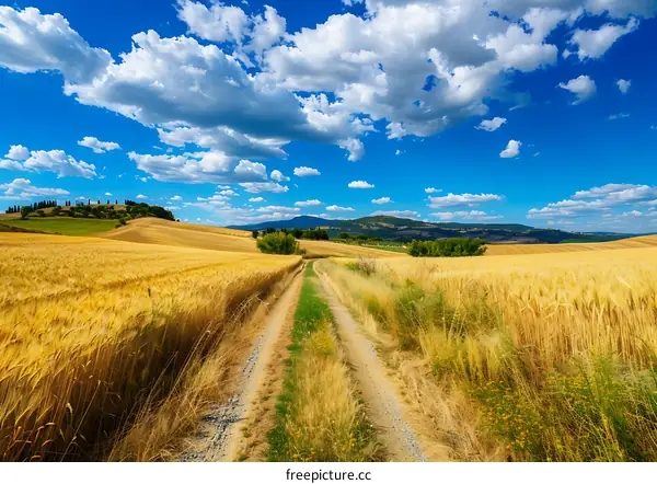 Golden Field Landscape with Dirt Road Leading to Hills Under Blue Sky with Fluffy Clouds