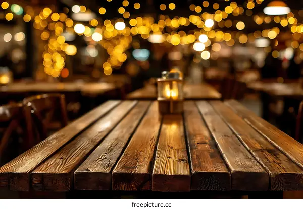 Rustic Wooden Table Top in a Night Restaurant