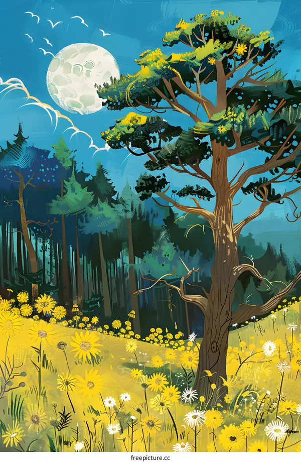 Forest Illustration with Large Moon and Tall Tree