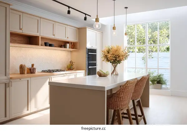 Modern Beige Kitchen Island with Large Window