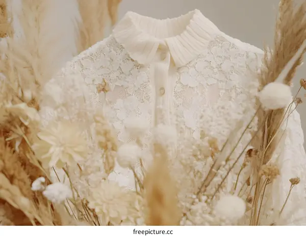 White Lace Shirt with Dried Flowers