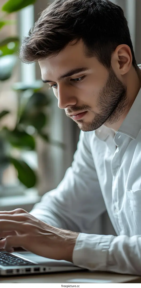 Serious Caucasian Man Working on Laptop Indoors