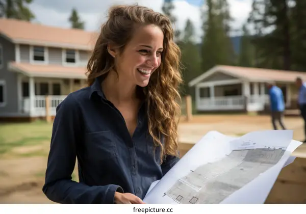 Smiling woman looking at house plans in front of a house