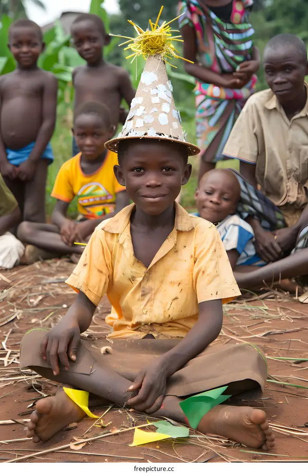 Young African Boy Wearing a Homemade Hat