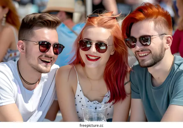 Three Friends Smiling Together While Wearing Sunglasses