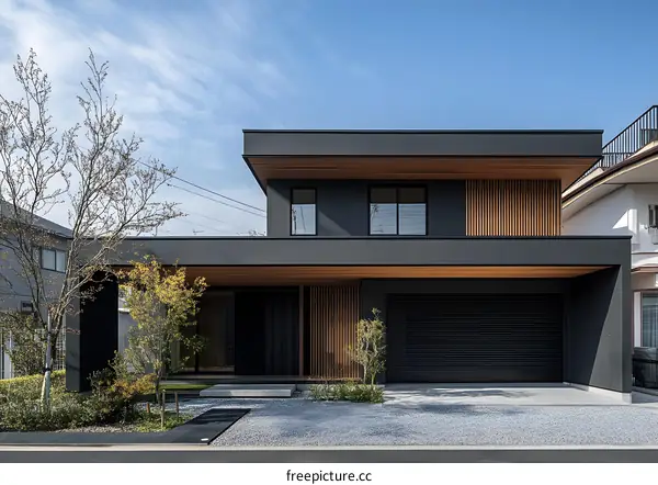 Modern Black and Wood Exterior House with Gravel Driveway