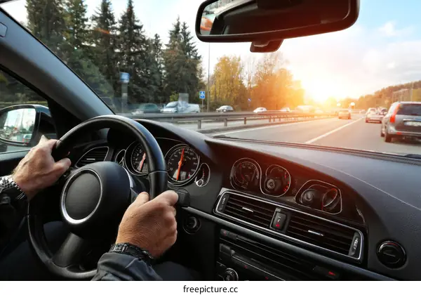 Driving a Car on Highway with Sunlight