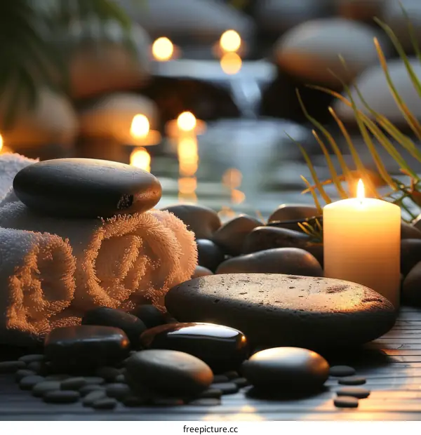 Spa stones and towel with blurred waterfall and candles in the background
