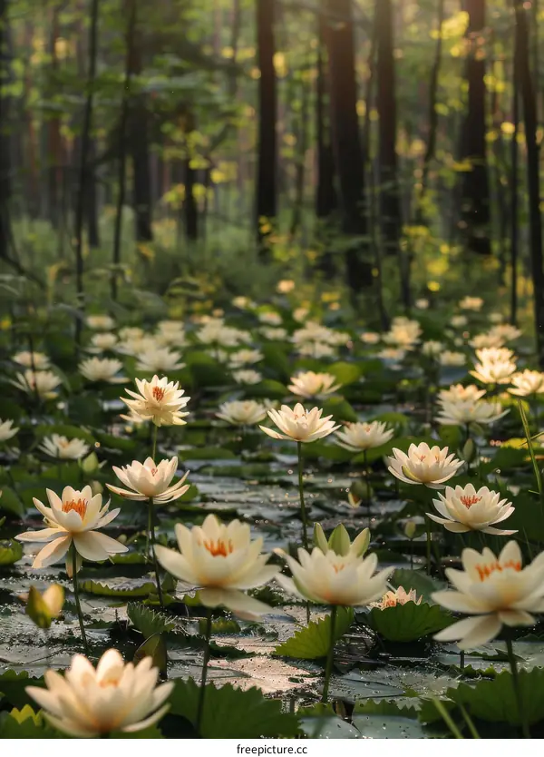 White Water Lilies in a Forest Pond