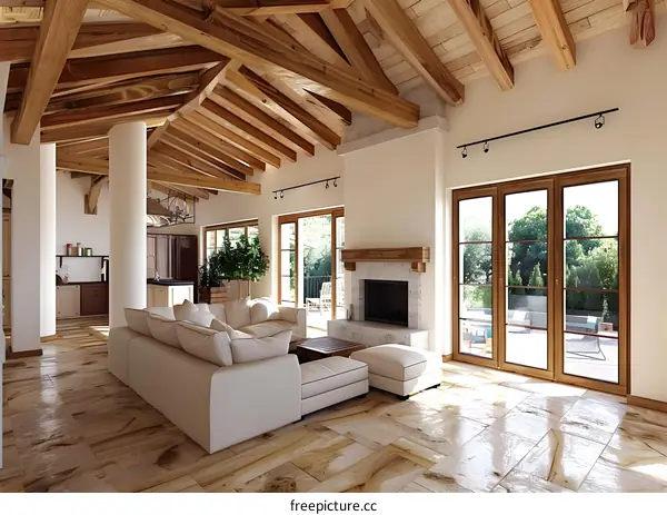 Modern living room with fireplace and wooden beams