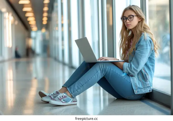A young woman sits on the floor of a modern building and uses a laptop computer