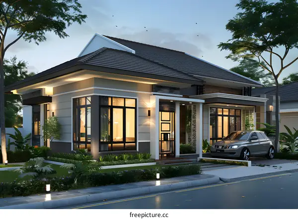 Modern House Design with a Car in the Driveway