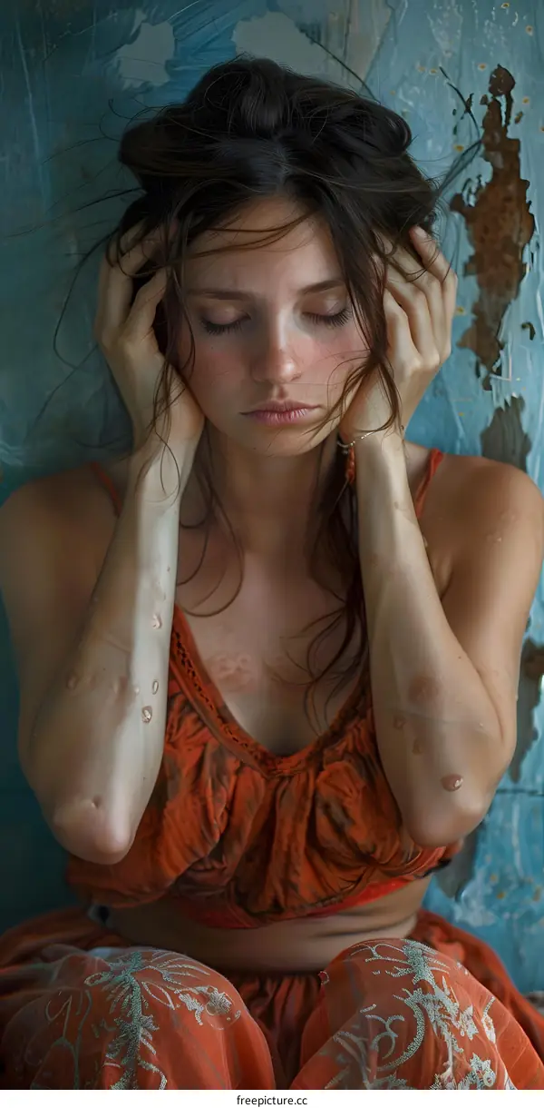 A young woman with vitiligo sitting in front of a blue wall