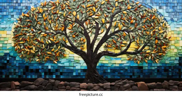 Blue Mosaic Tree Artwork
