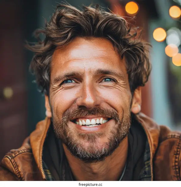 Smiling Man with Brown Leather Jacket