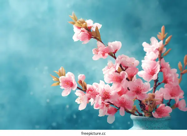 Beautiful Spring Cherry Blossoms in Teal Vase