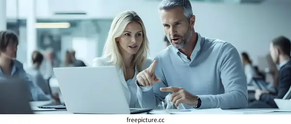 Business Professionals Discussing Project on Laptop in Office