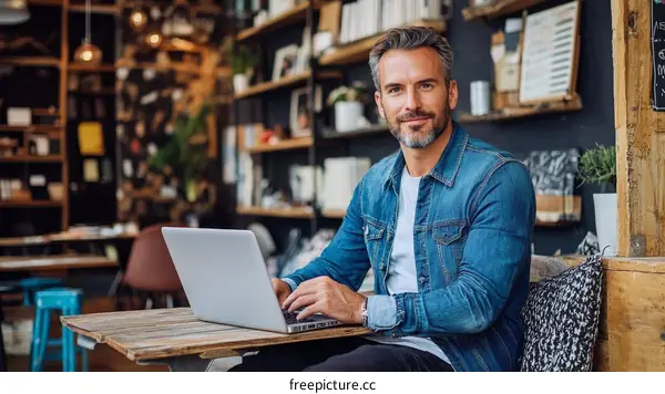 Man Working on Laptop in Cafe Setting
