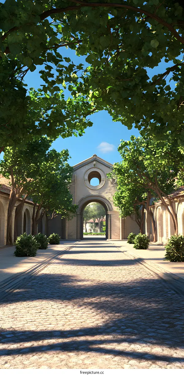 Stone Courtyard Pathway With Archway And Greenery