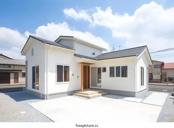 Modern White House with Blue Sky and Clouds