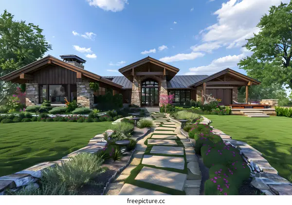 Modern House with Stone and Wood Exterior and Lush Landscaping