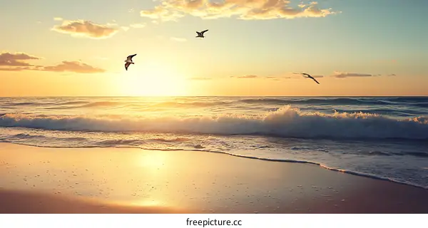Golden Hour Sunset Over Ocean Beach With Seagulls Flying