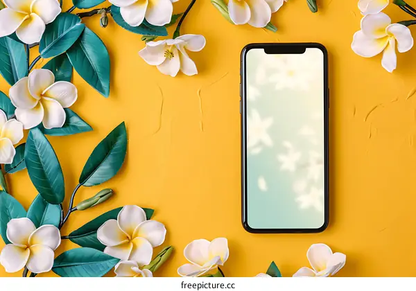 White Flowers with Green Leaves Surrounding a Smartphone