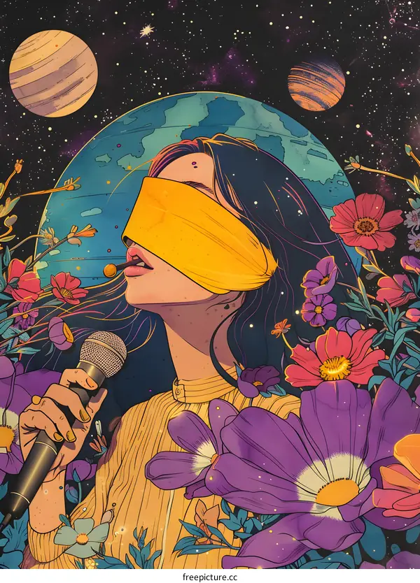 Cosmic Concert: Woman Singing Among Flowers and Planets