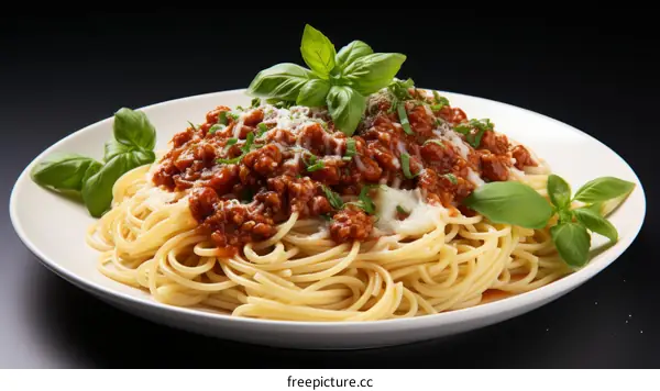A plate of spaghetti with tomato sauce and basil