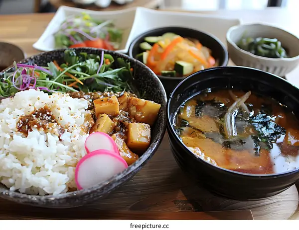 A delicious and healthy Japanese meal with rice, soup, and vegetables