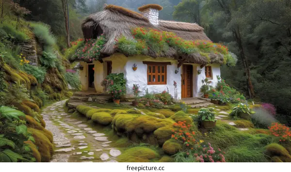 Thatched roof cottage in a lush green forest