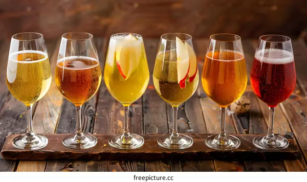 Apple Cider Variety Tasting Set with Apple Slices on Wooden Background