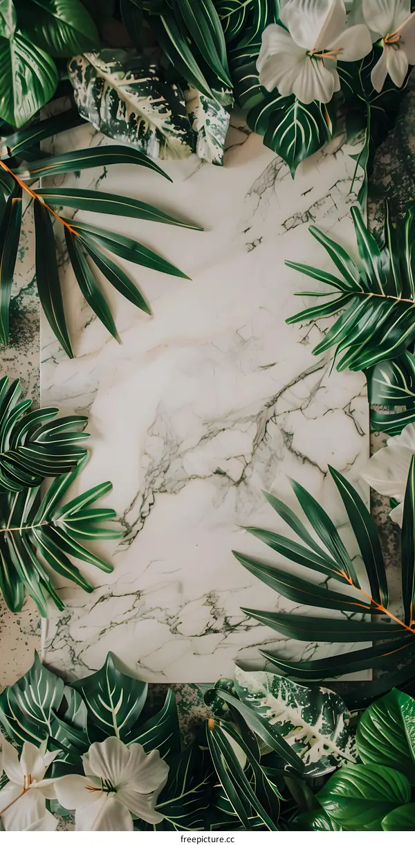 Tropical Leaves On Marble Background