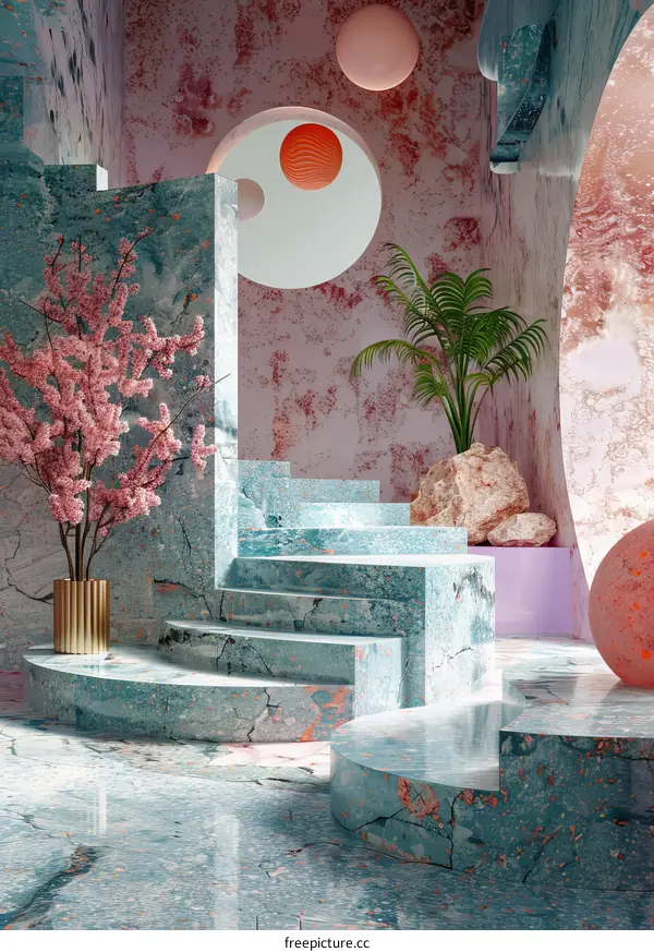 Abstract Minimalist Interior with Pink and Blue Marble